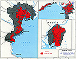 Map of World War II: Japan 1945. The Bombing of Japanese Cities. Extent of Destruction by Bombing of Principal Cities.