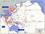 Map of WWII: The Far East and the Pacific. Allied Reorganization, March 30, 1942. Area Under Japanese Control, August 6, 1942.
