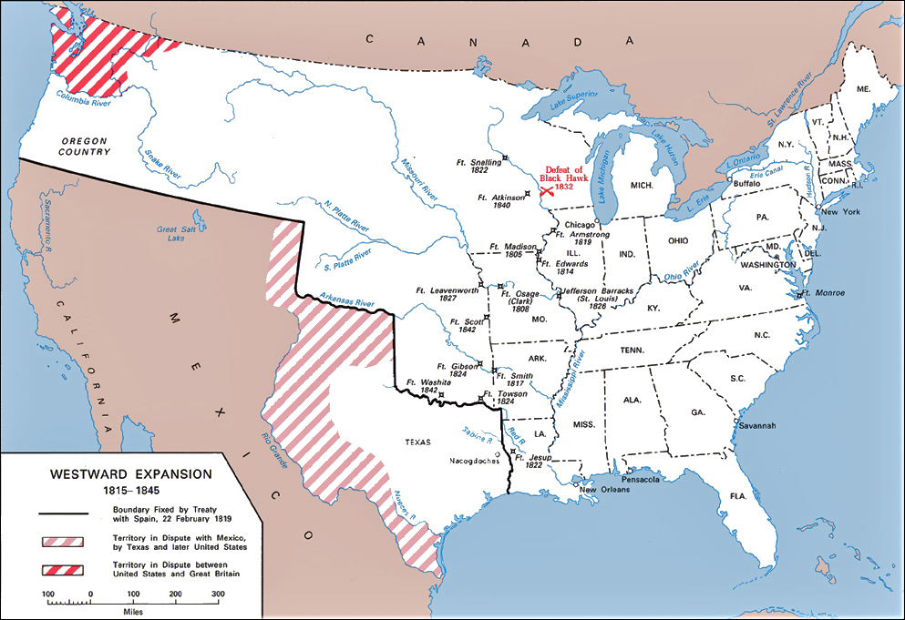 Map of the United States 1815-1845: American Forts, Adams-Onis Treaty Line 1819