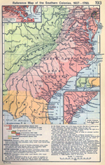 Reference Map of the Southern Colonies, 1607-1760. Insets: Settlements on the James River. The Georgian Coast.