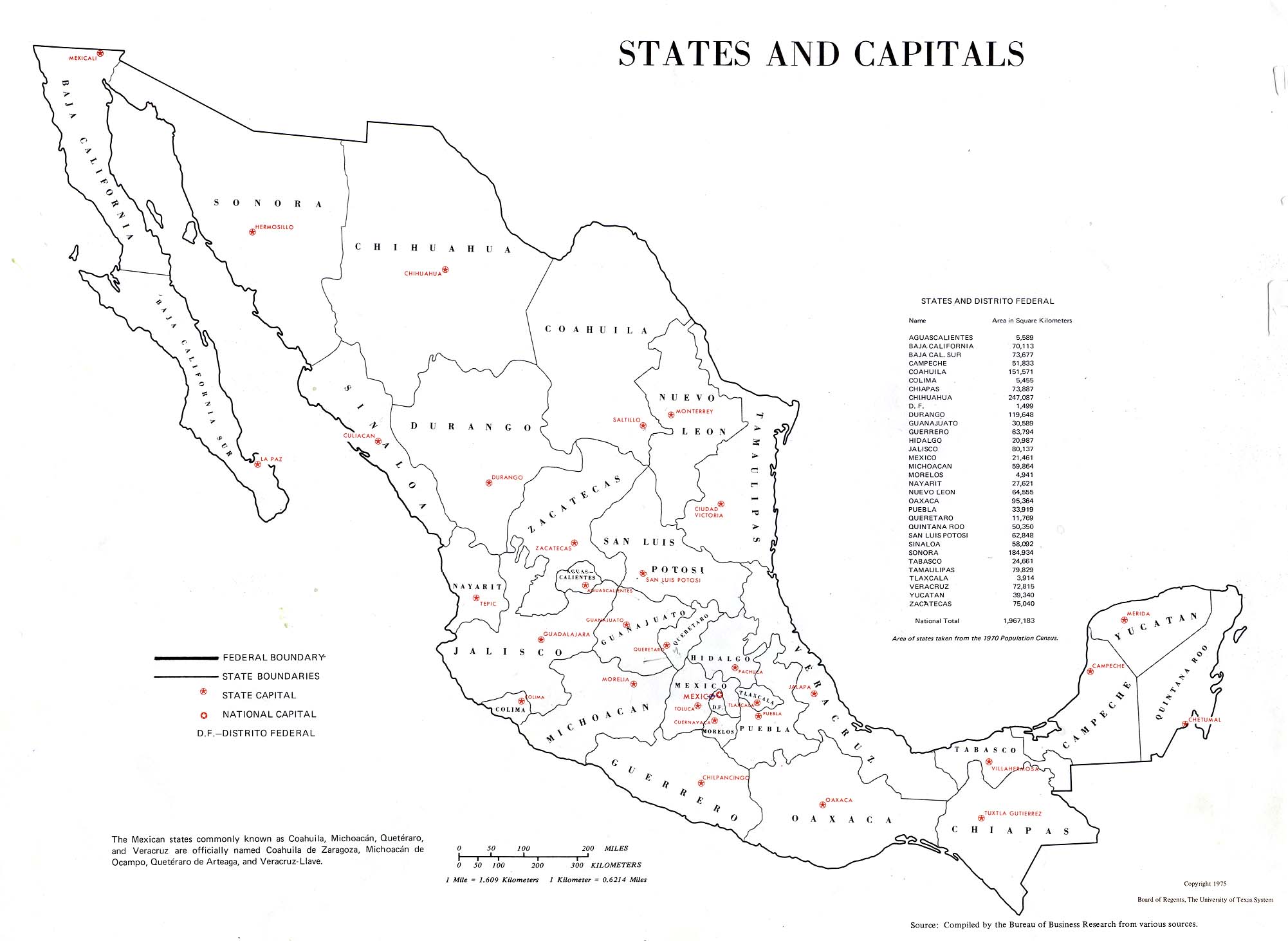 Mexico State Map - Map of Mexican States and Capitals - Area of states and national in square kilometers. Scale in miles for comparison.