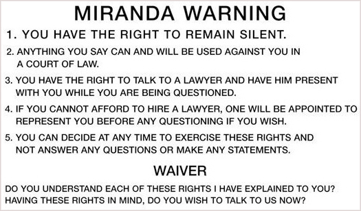 Miranda Warning Card (Houston Criminal Law Journal)