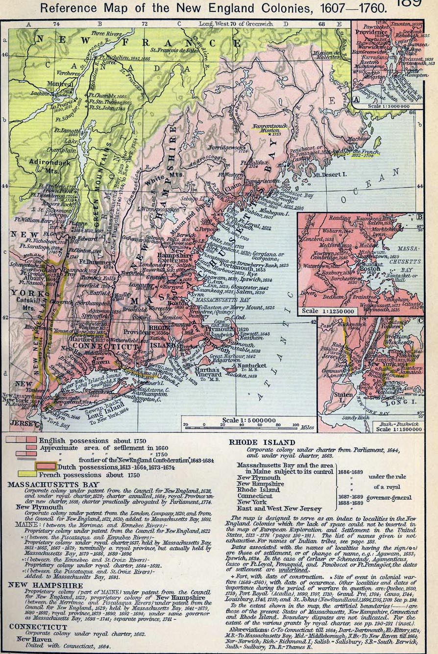Map of the New England Colonies 1607-1760