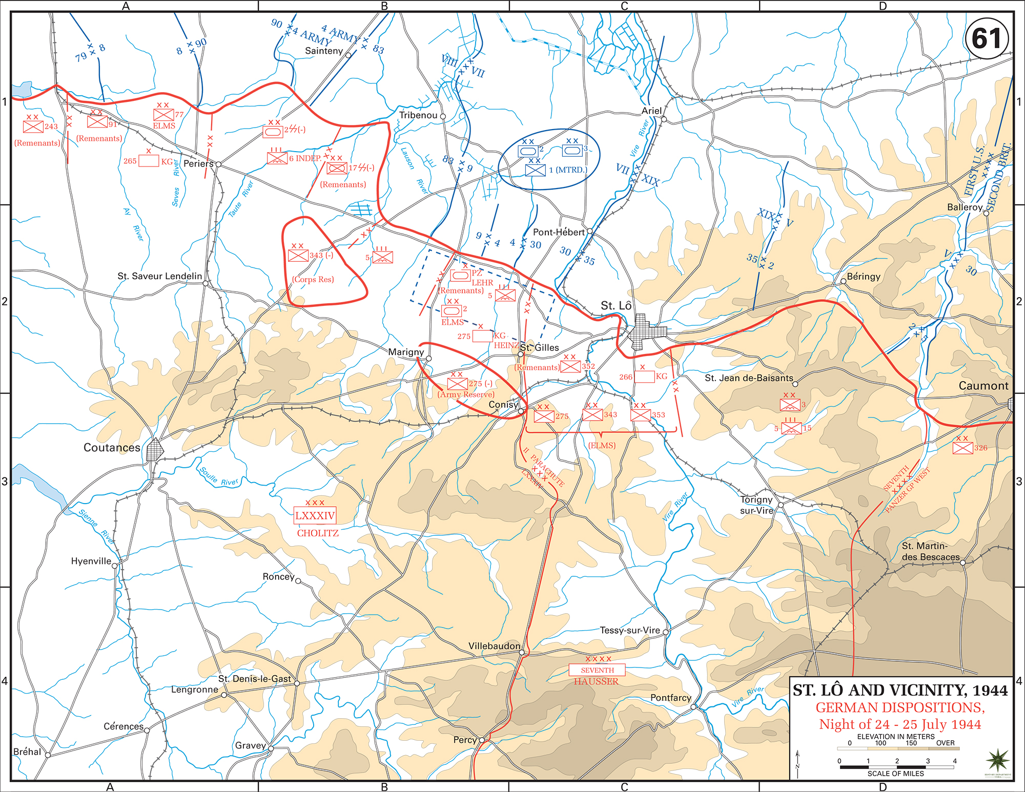 Map of WWII: Normandy Invasion. Saint-L (St. Lo) and Vicinity. German Dispositions at the Night of 24/25 July 1944.