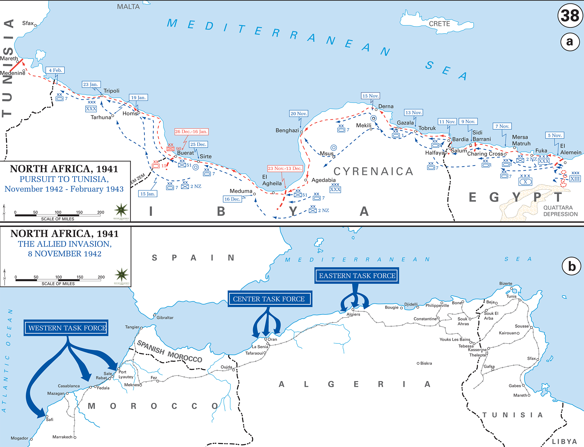 Map of WWII North Africa 1942/43, Pursuit to Tunisia, Allied Invasion