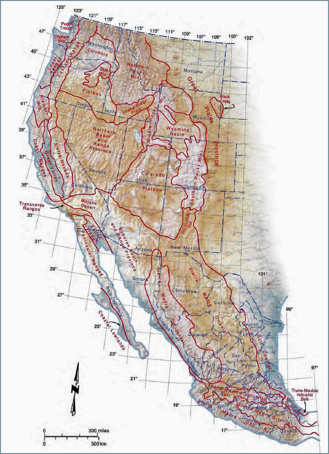 Map of North America: Physiographical. Major physiographic provinces of the United States and Mexican Cordillera