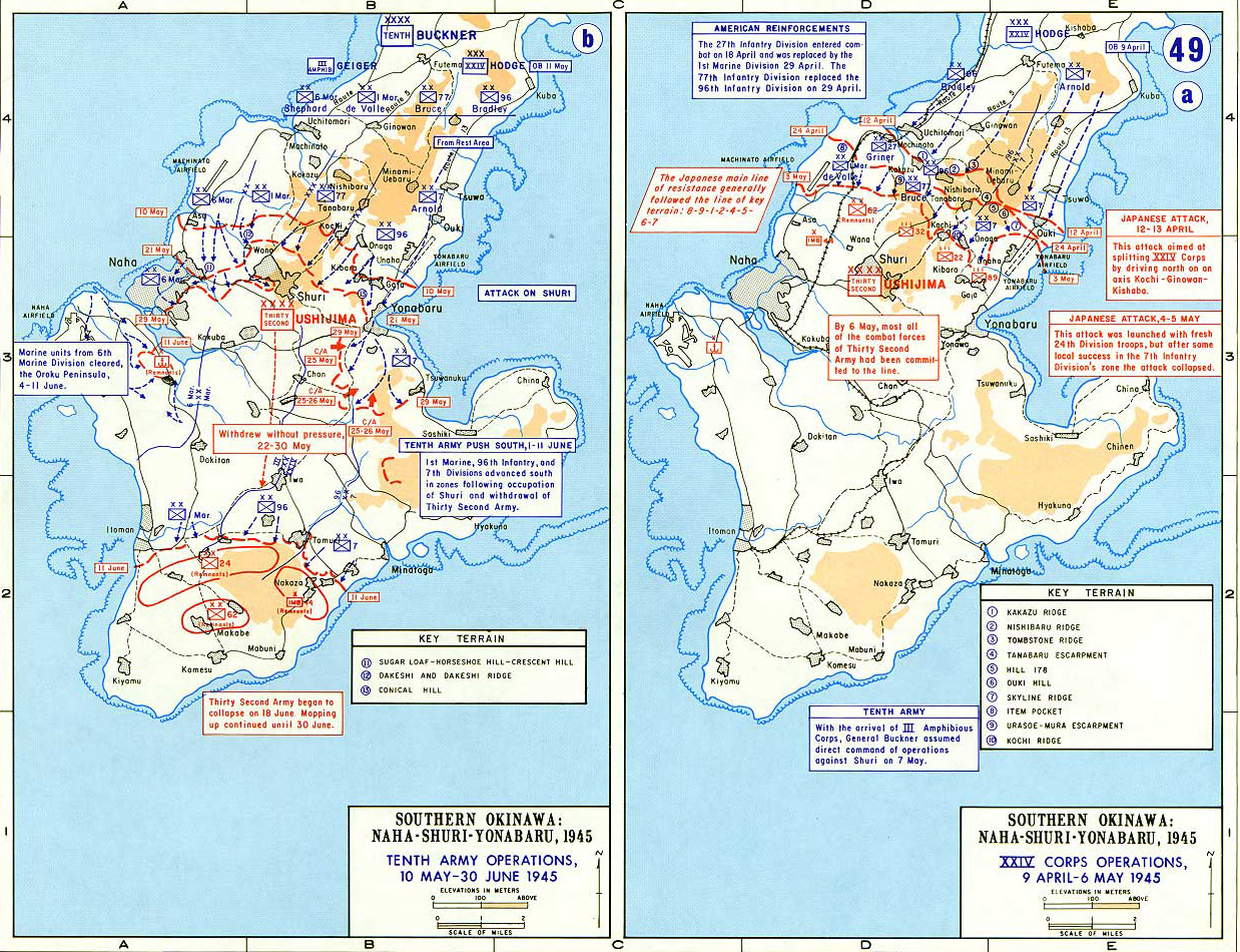 Map of World War II: The Pacific. Southern Okinawa April 9 - June 30, 1945.