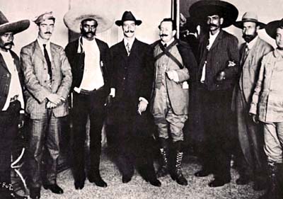 LEFT TO RIGHT: General Francisco Pacheco, Abraham Martínez, Emiliano Zapata, general Manuel Asúnsolo, licenciado Gabriel Robles Domínguez y Eufemio Zapata