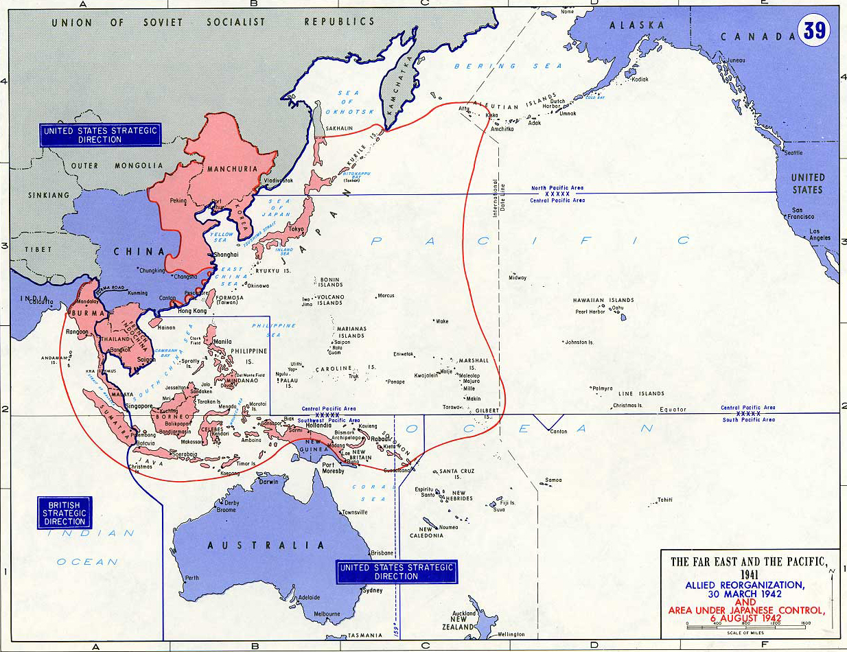 Map of WWII: The Far East and the Pacific. Allied Reorganization, March 30, 1942. Area Under Japanese Control, August 6, 1942.