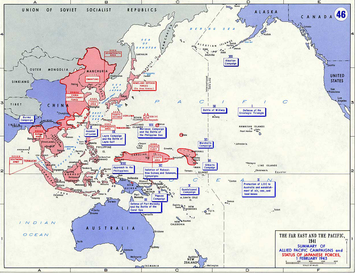 Map of World War II: The Far East and the Pacific. Summary of Allied Pacific 