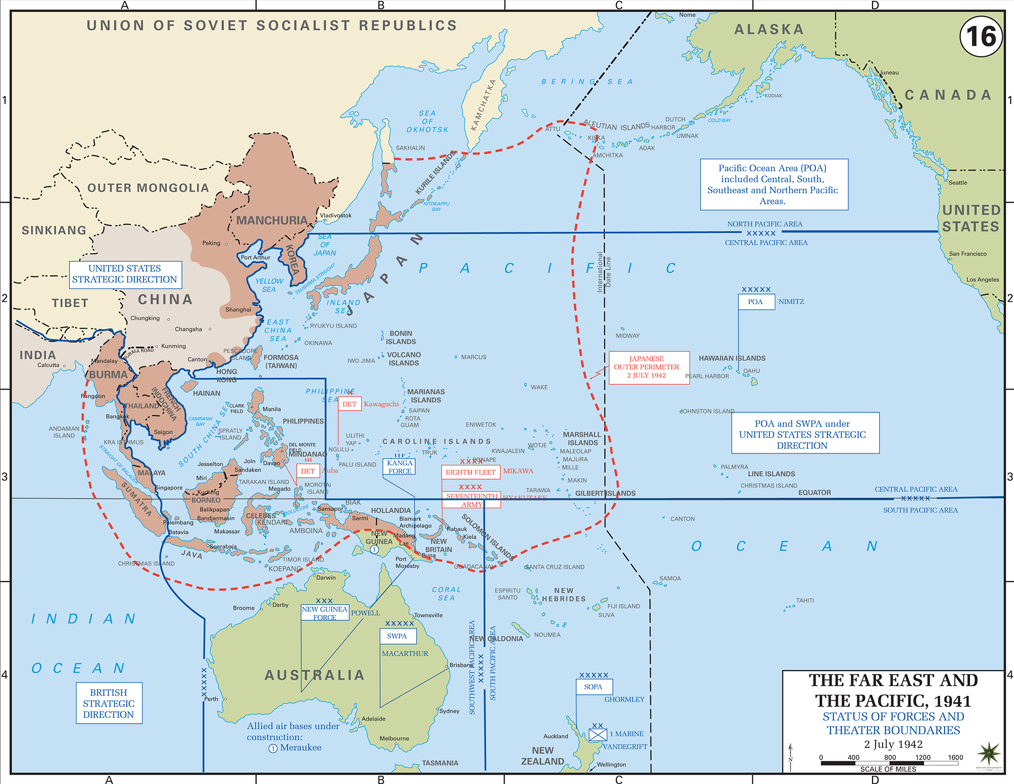 Map of World War II: The Far East and the Pacific. Status of Allied Forces and Theater Boundaries, July 2, 1942.