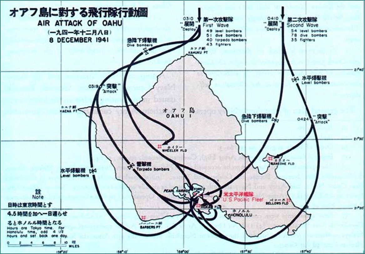 Map of Japan's Surprise Air Attack on Pearl Harbor, Oahu, Hawaii, on December 7, 1941