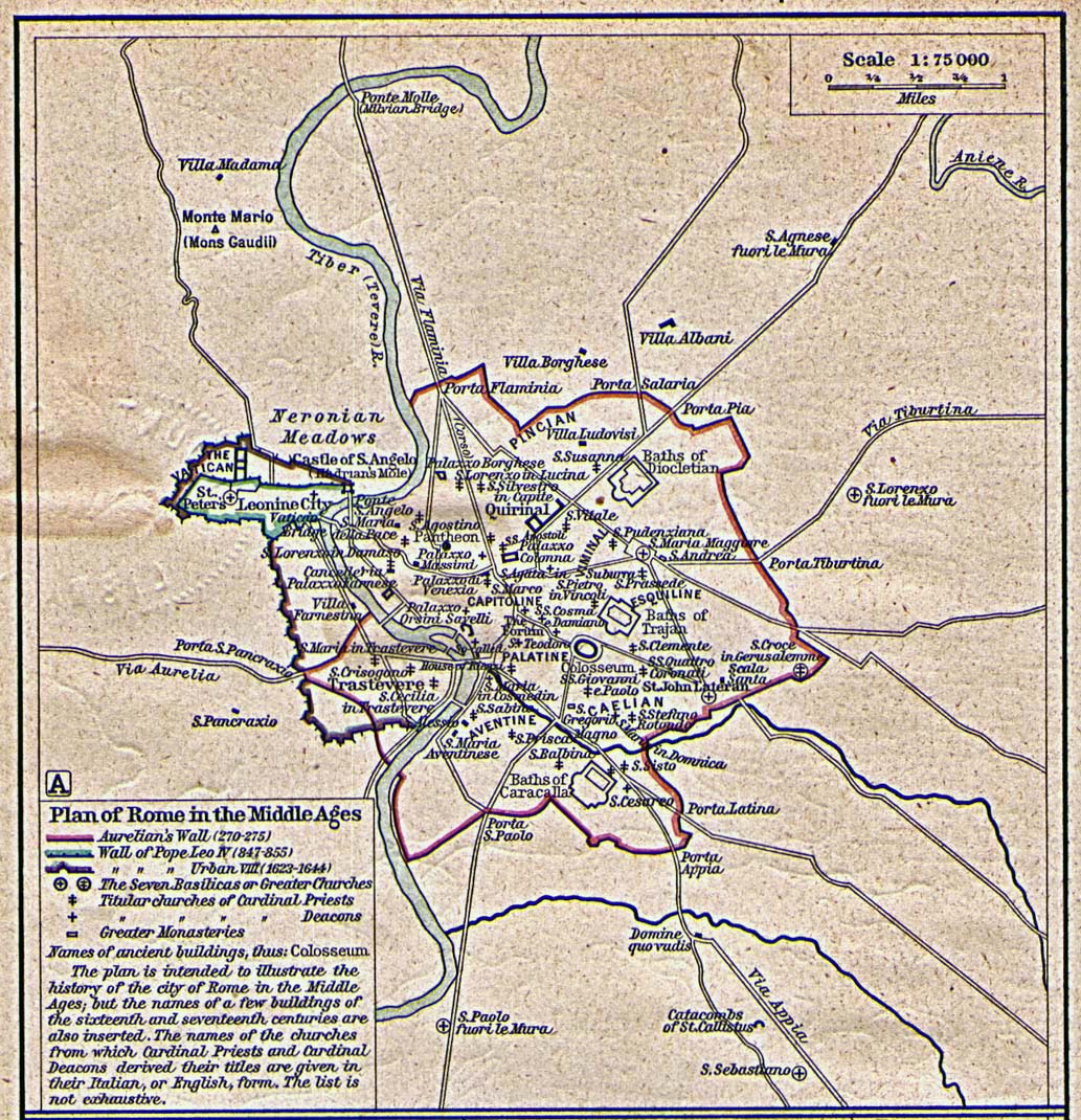 Historical map of Rome in the Middle Ages.