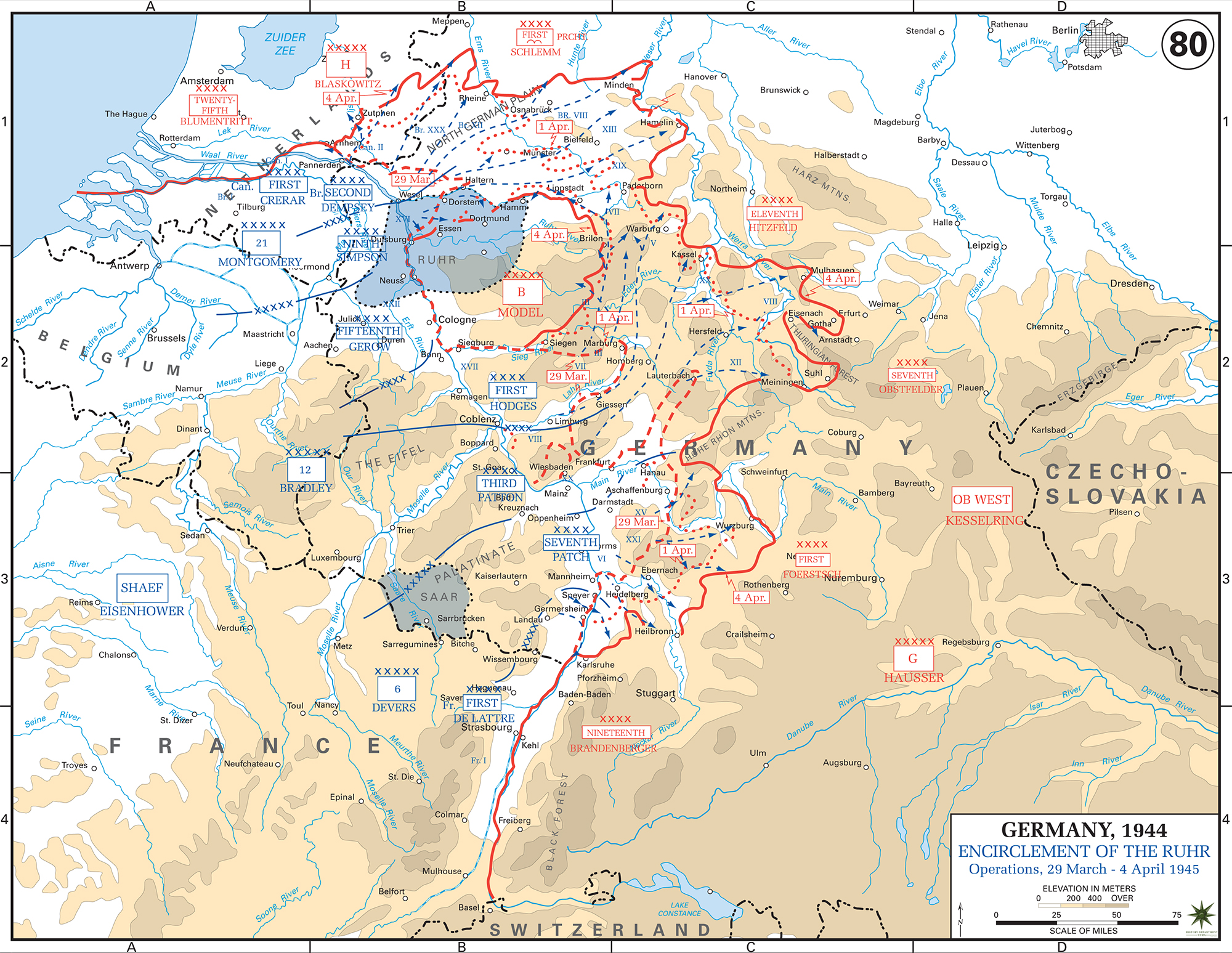 Map of World War II: European Western Front, Encirclement of the Ruhr, March 29 - April 4, 1945