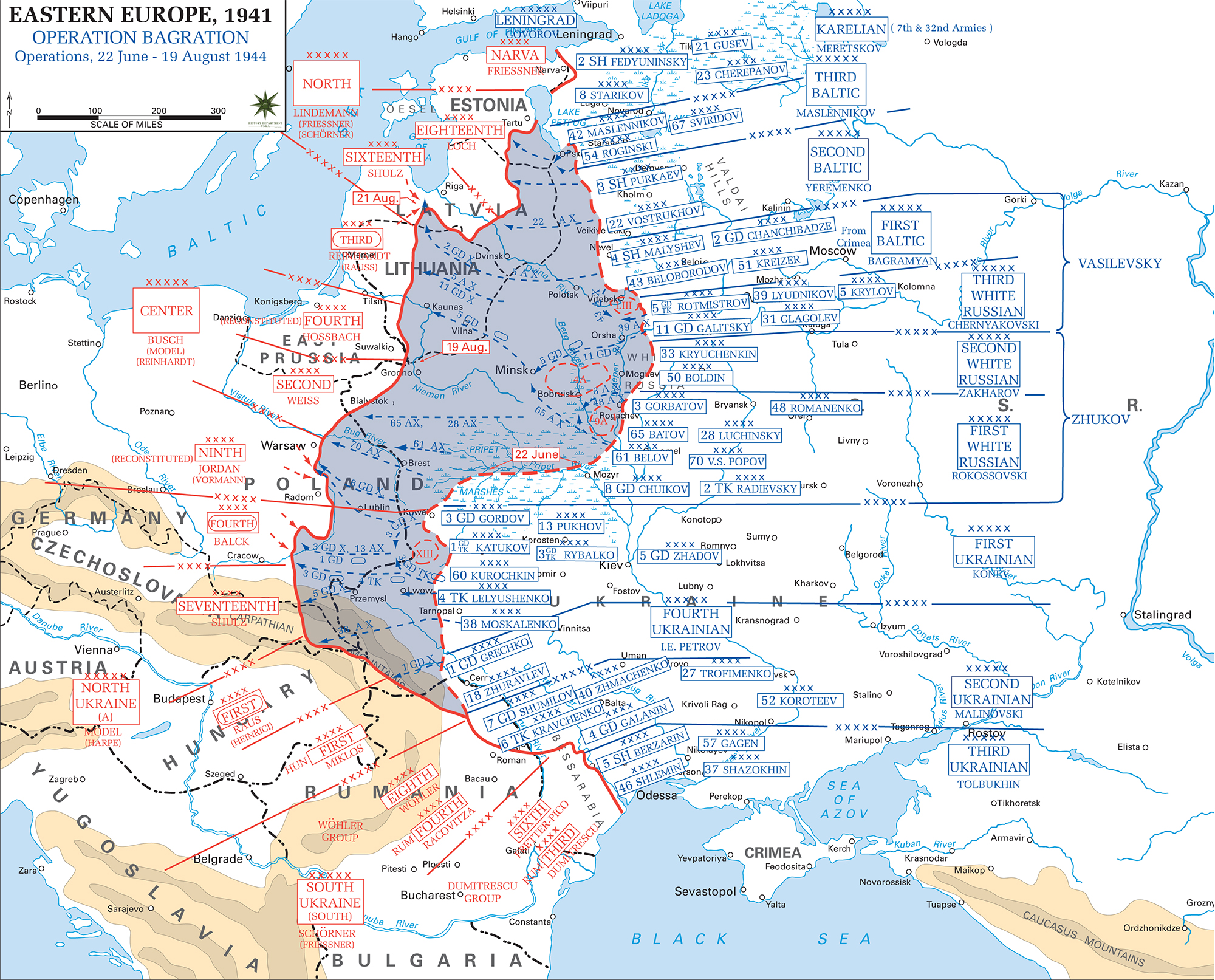 Map of WWII: Russia 1944. Operation Bagration June 22 - August 19, 1944