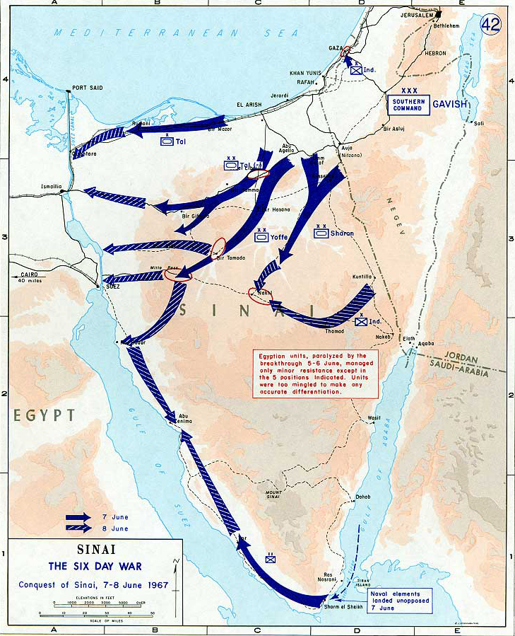 History Map of the Sinai Peninsula: Israel's War of Independence, The Six Day War, Conquest of Sinai, June 7-8, 1967.