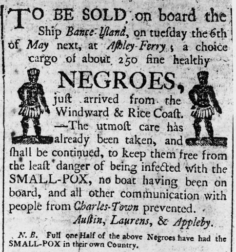 If you are in Charleston, South Carolina, and have nothing planned on May 6: Austin, Laurens & Appleby have a choice cargo of 250 fine healthy Negroes on sale.