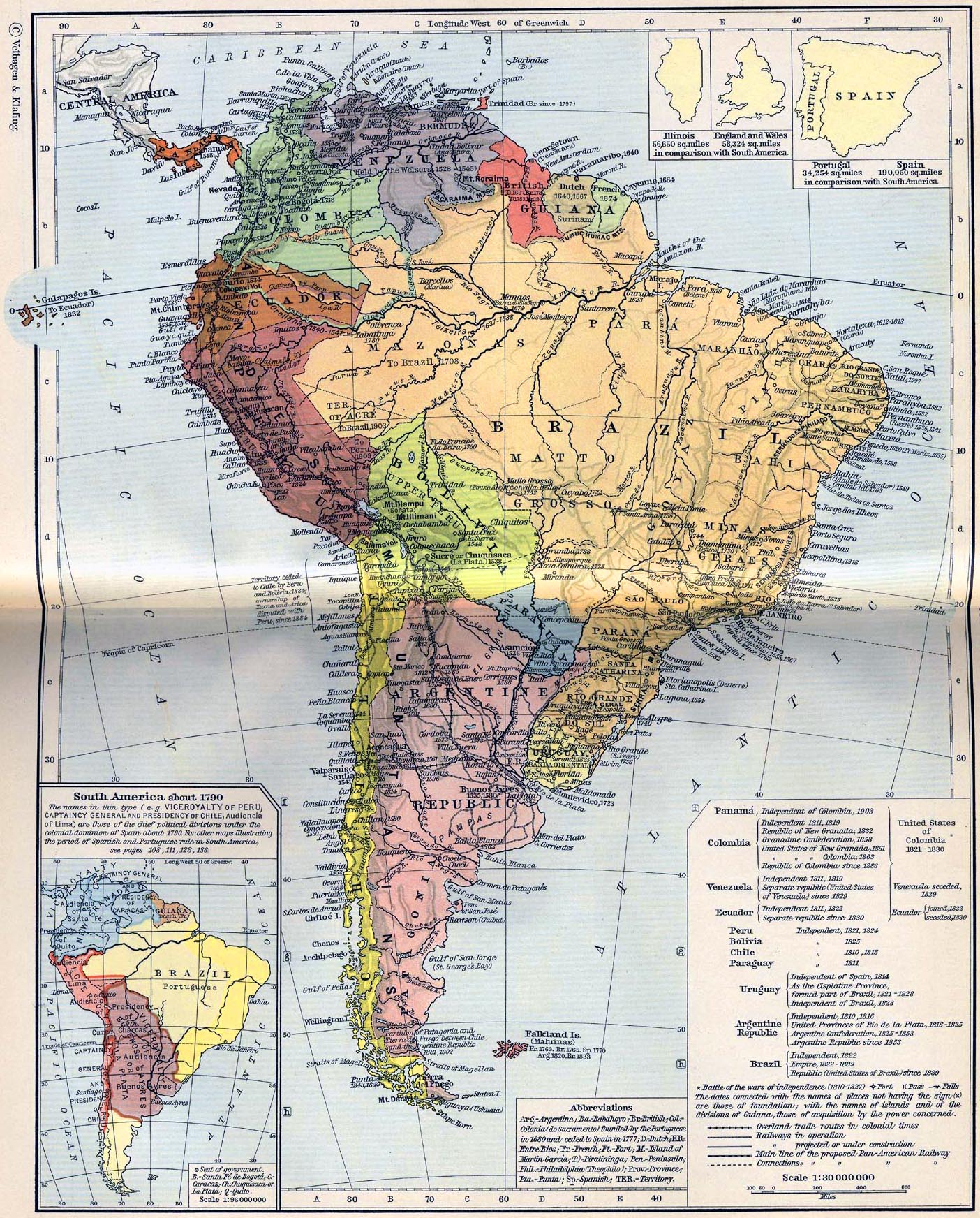 Map of South America. Inset: South America about 1790.