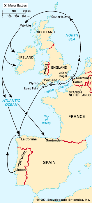 Map of the Route of the Spanish Armada, 1588