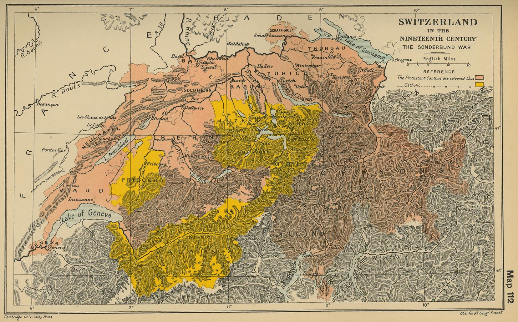 Map of Switzerland in the Nineteenth Century: The Sonderbund War.