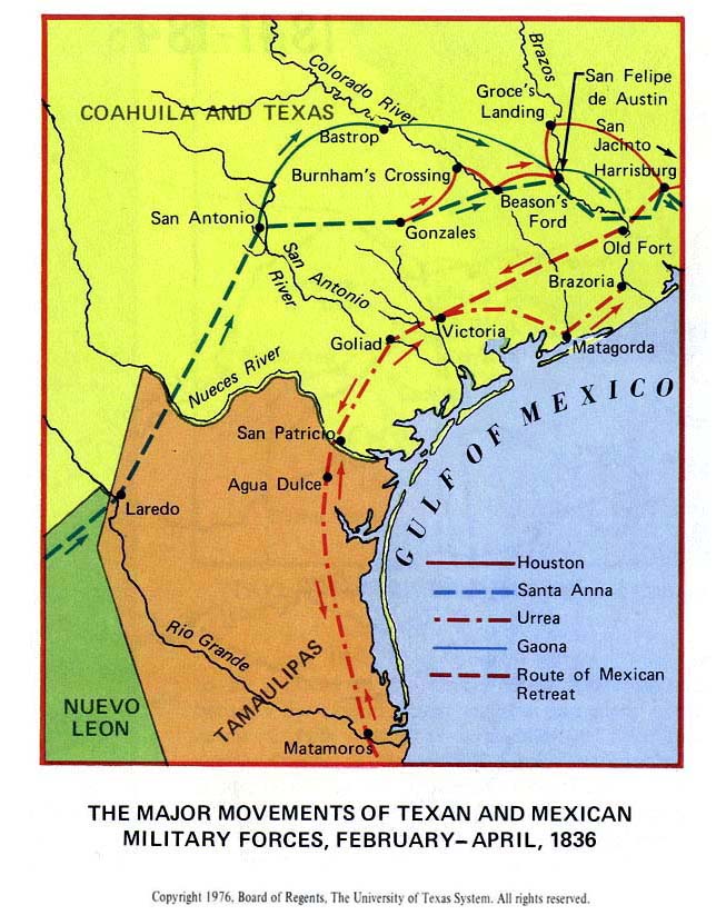 Map of the Texas Revolution 1835-1836 - The Major Movements of Texan and Mexican Military Forces, February - April, 1836