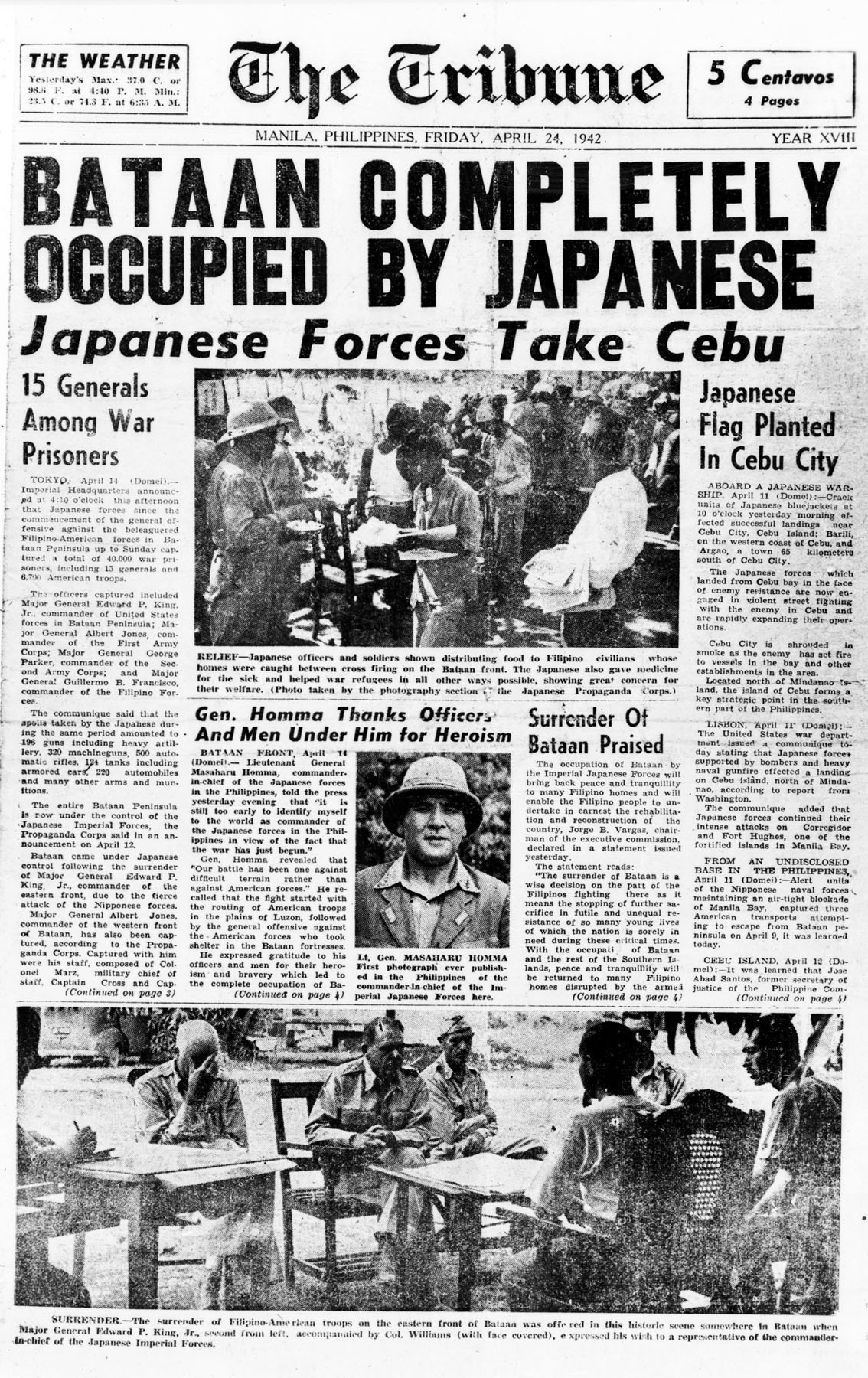 Original The Tribune Front Page — Manila, Philippines - Friday, April 24, 1942 - "Bataan Completely Occupied by Japanese"