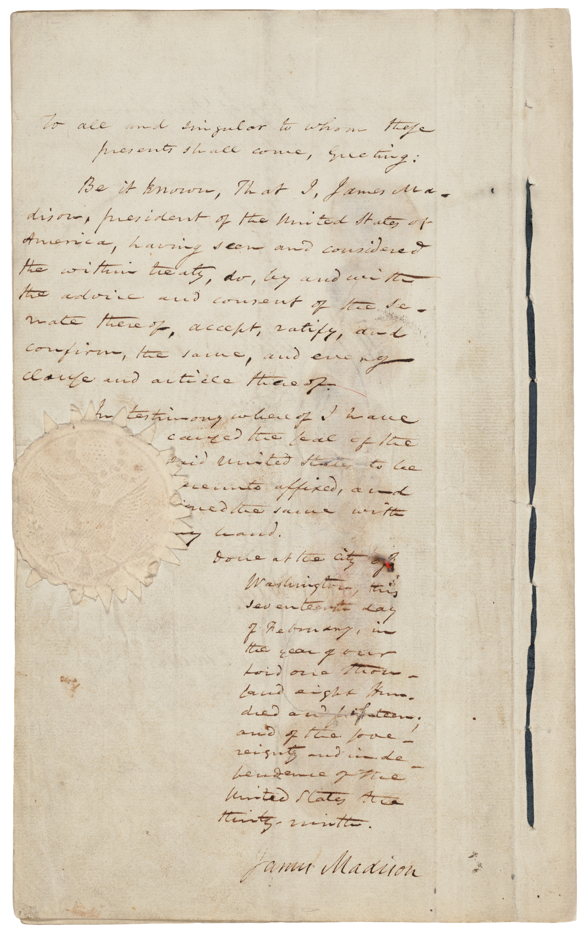 Treaty of Ghent 1814, original copy, first and last three page (President Madison's ratification)