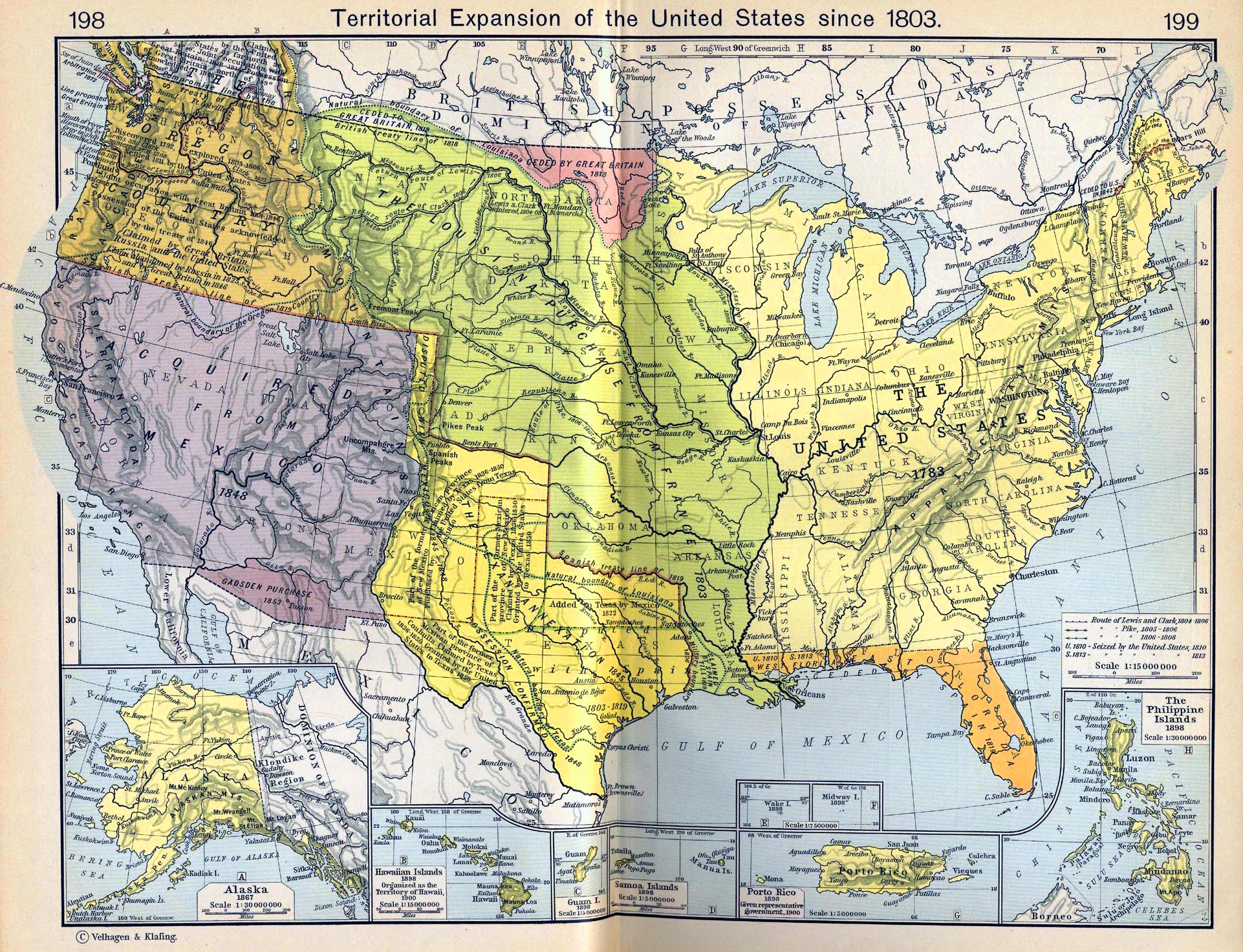 Map of the Territorial Expansion of the United States since 1803. Insets: Alaska. Hawaii. Guam. Samoa Islands. Wake Island. Midway Island. Porto Rico. The Philippine Islands.