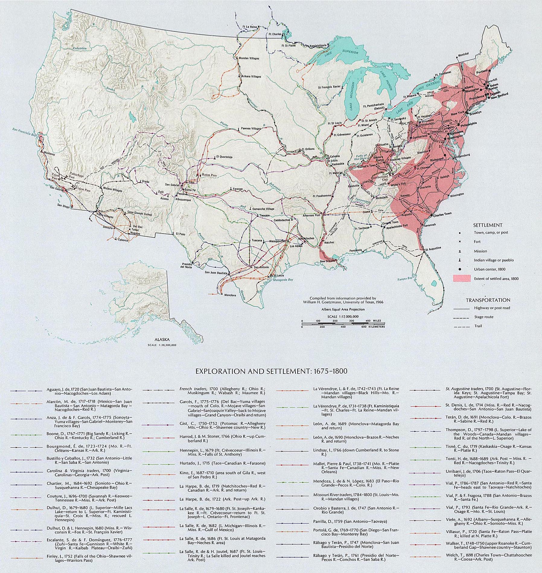 Map of the United States - Exploration and Settlement 1675-1800