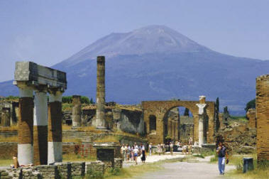 Mount Vesuvius looming over the ruins of the ancient city of Pompeii.