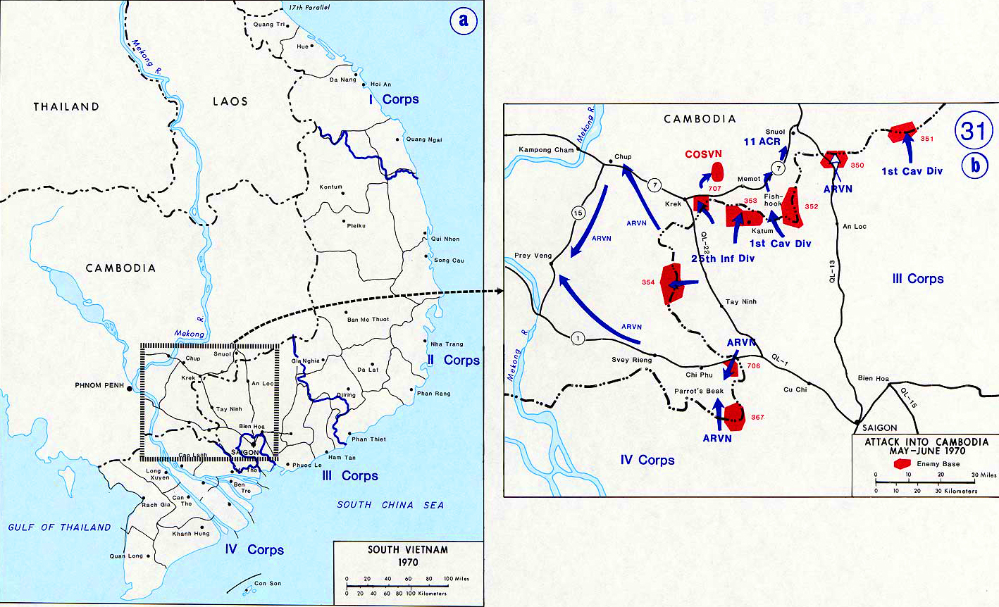 History Map of the Vietnam War. South Vietnam, Attack into Cambodia, May - June 1970.