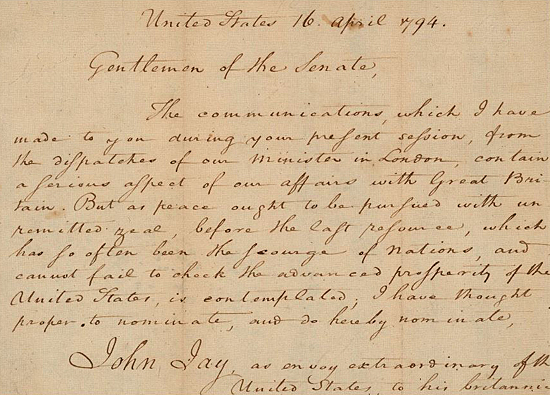 Washington Stating the Reason for Jay's Nomination: Peace With Britain