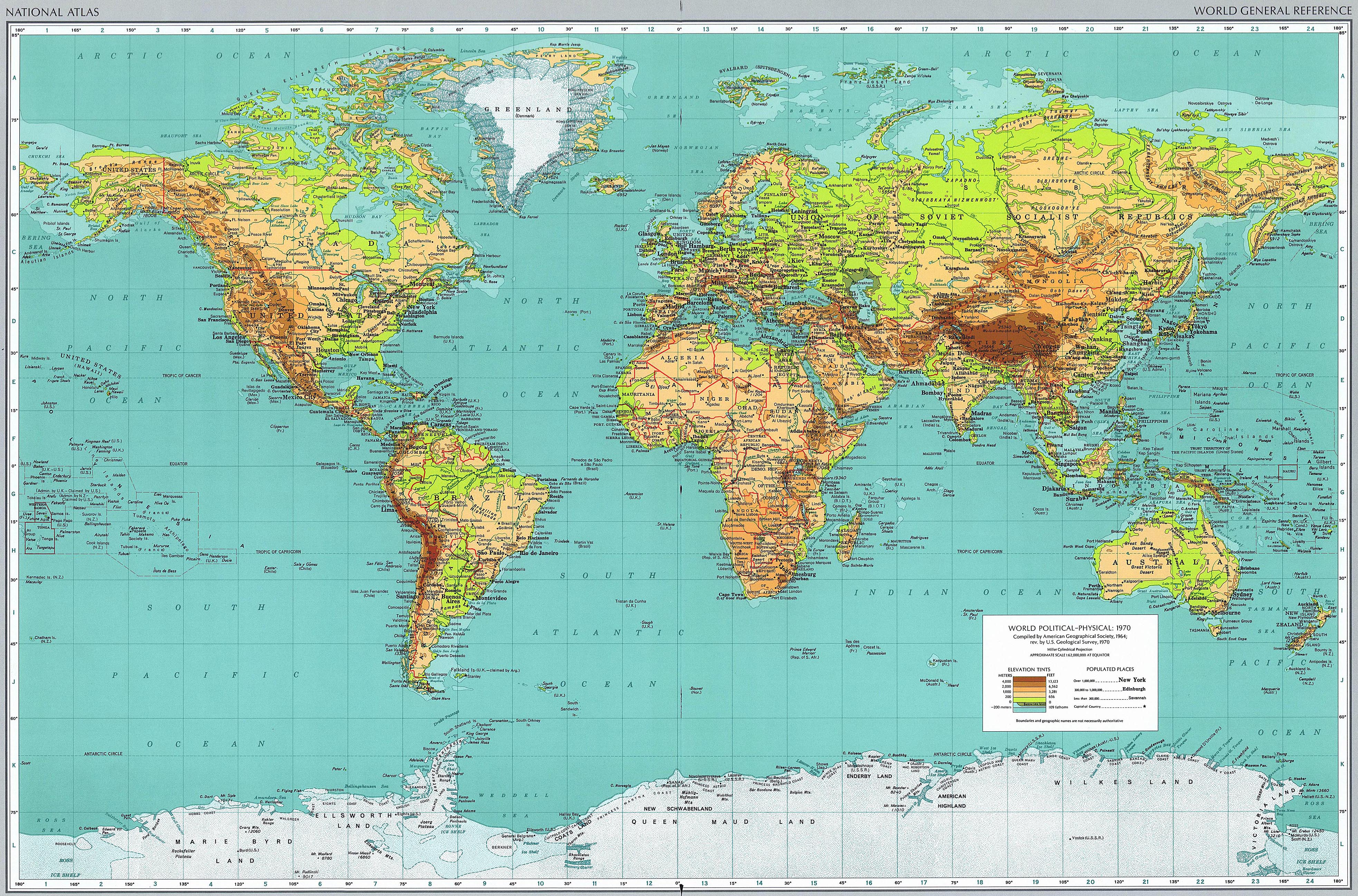 Map of the World Political-Physical 1970