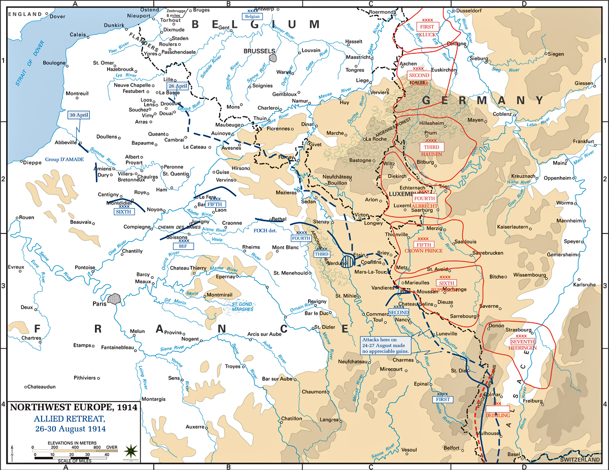 Map of Northwest Europe - August 26-30, 1914: Allied Retreat