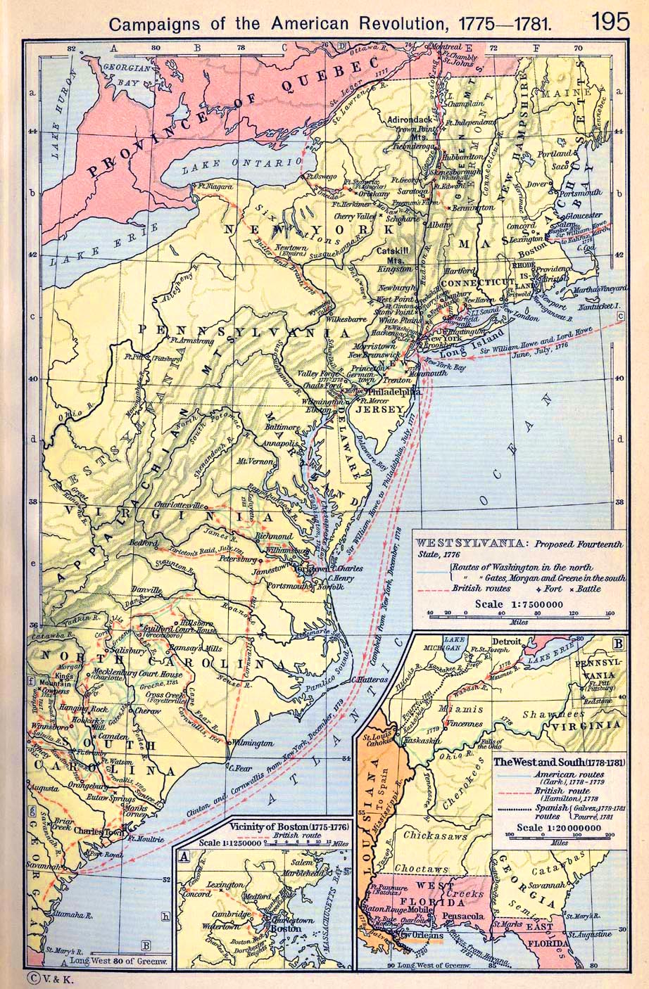 Map of the Campaigns of the American Revolution, 1775-1781. Inset:The West and South, 1778-1781.