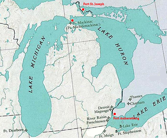 Map Location Fort St. Joseph, Fort Mackinac, Fort Amherstburg