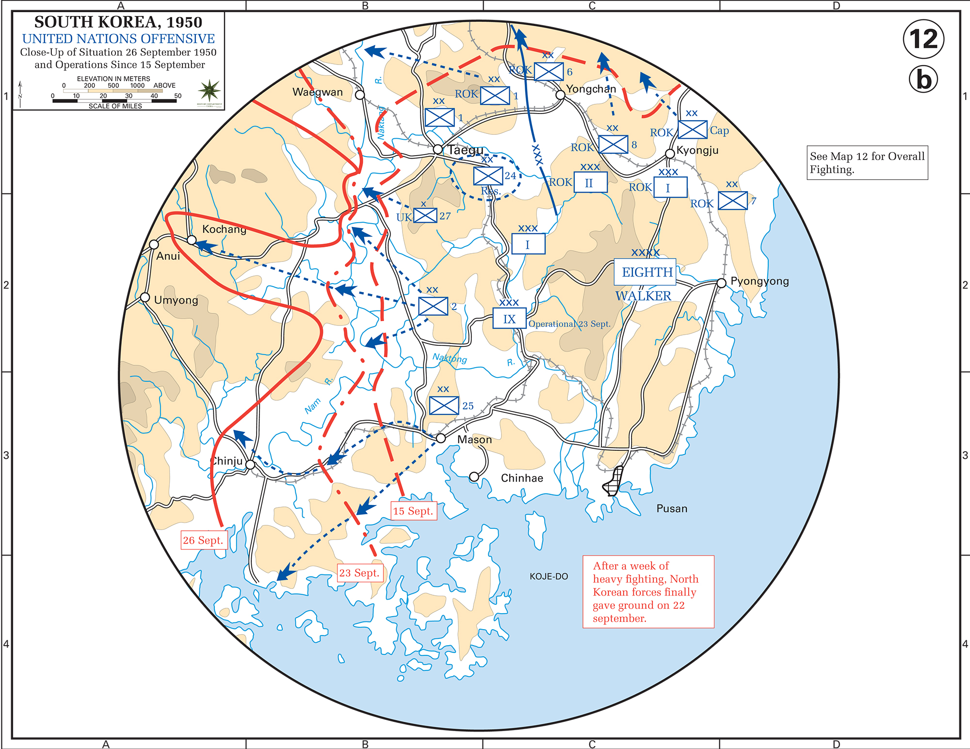 Map of the Korean War: South Korea. U.N. Offensive, Situation September 26, 1950, Operations Since September 15, 1950. Close-Up.