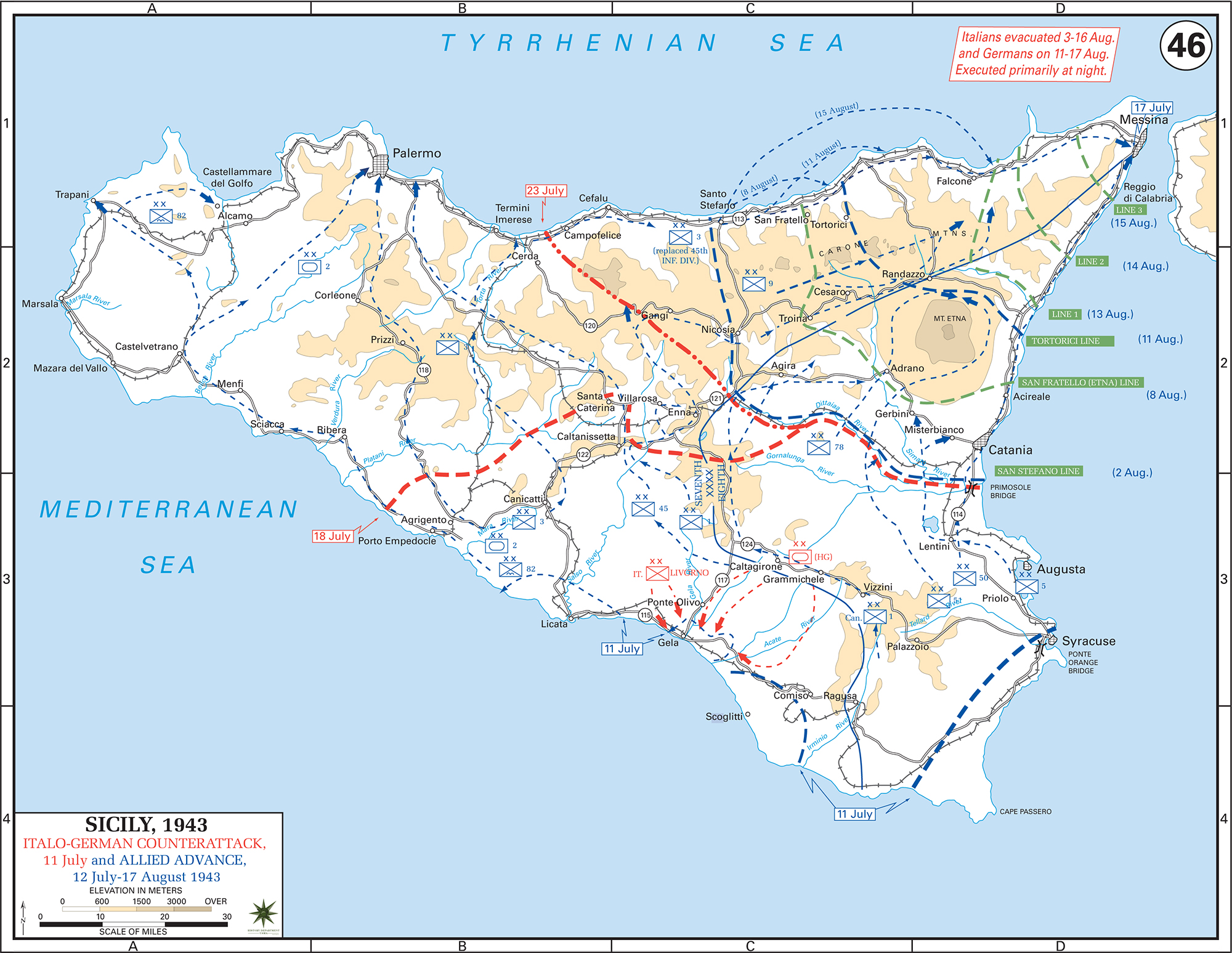 Map of WWII Sicily July 11 - August 17, 1943, Italo-German Counter-Attack